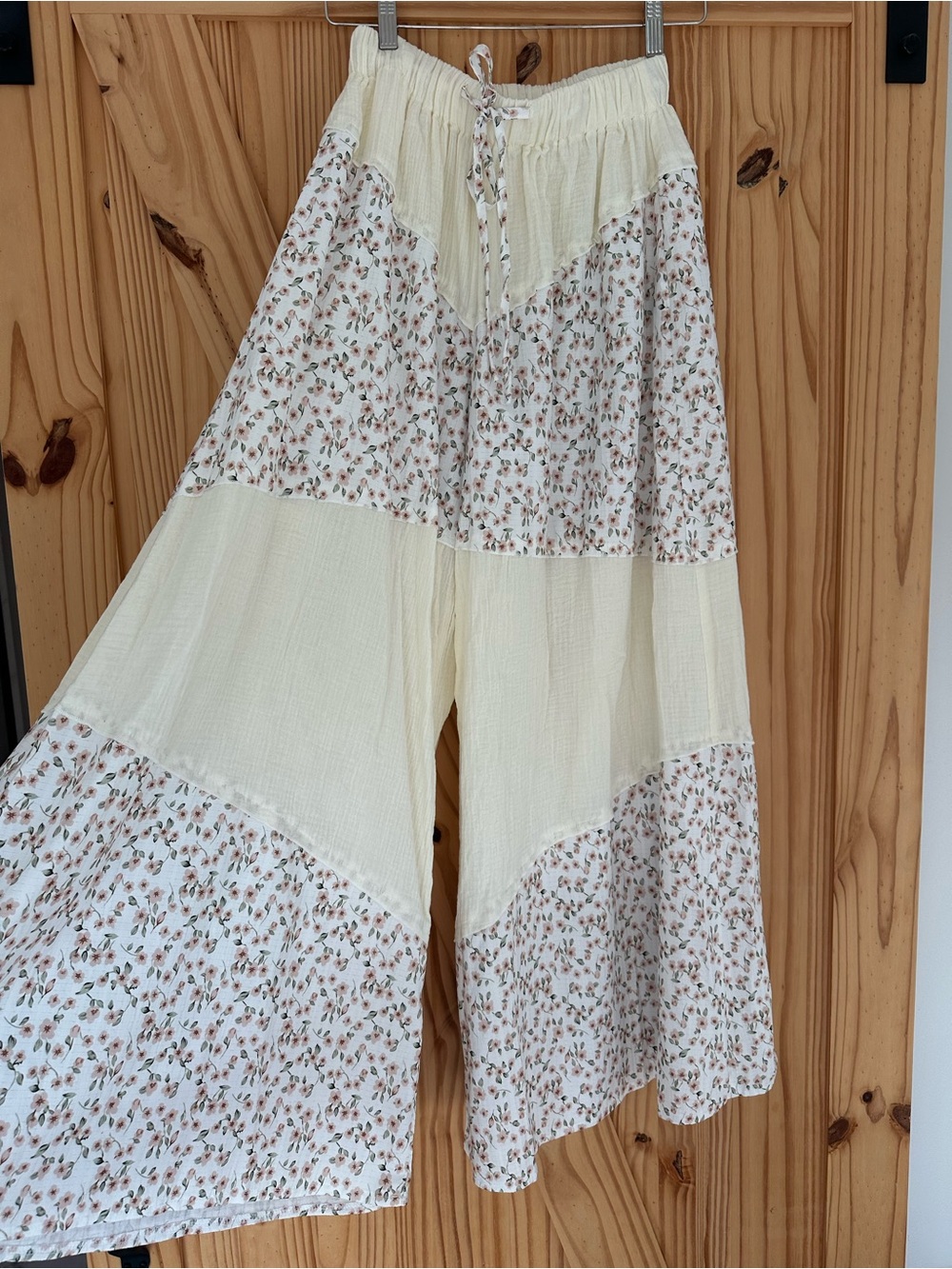 Cream Floral Patchwork Wide-Leg Pants with Drawstring Waist